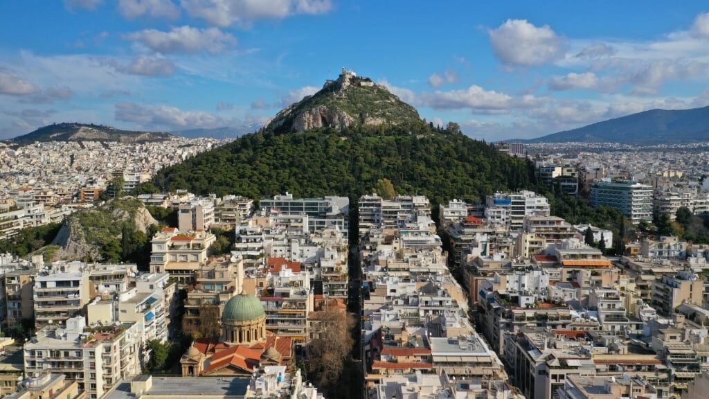 Aerial view of Mount Lycabettus with view of Athens