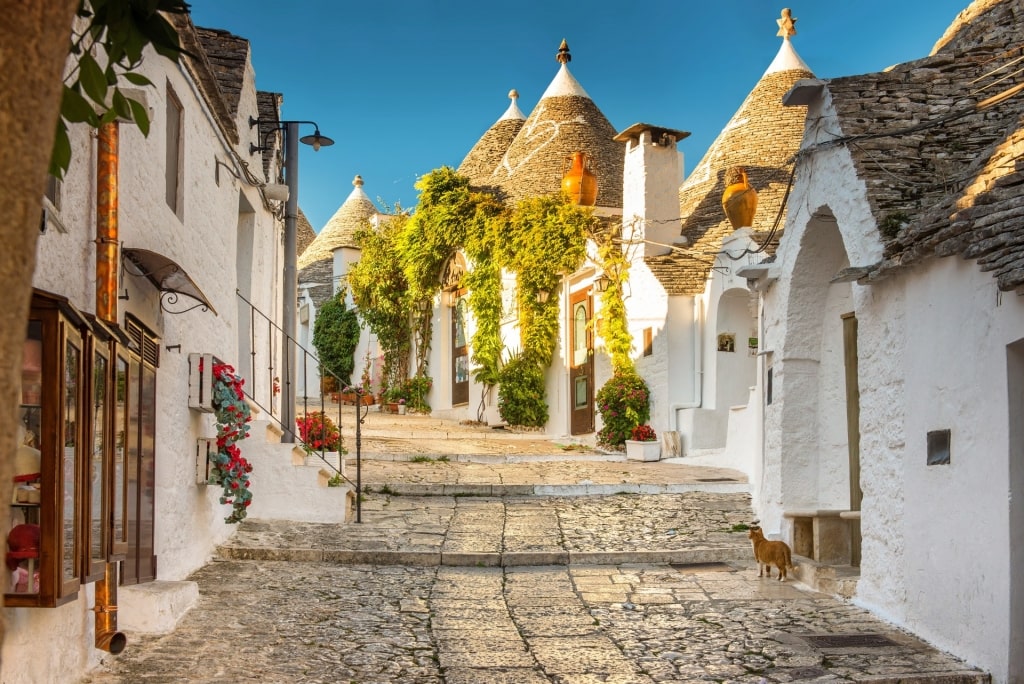 Street view of Alberobello in Apulia, Italy