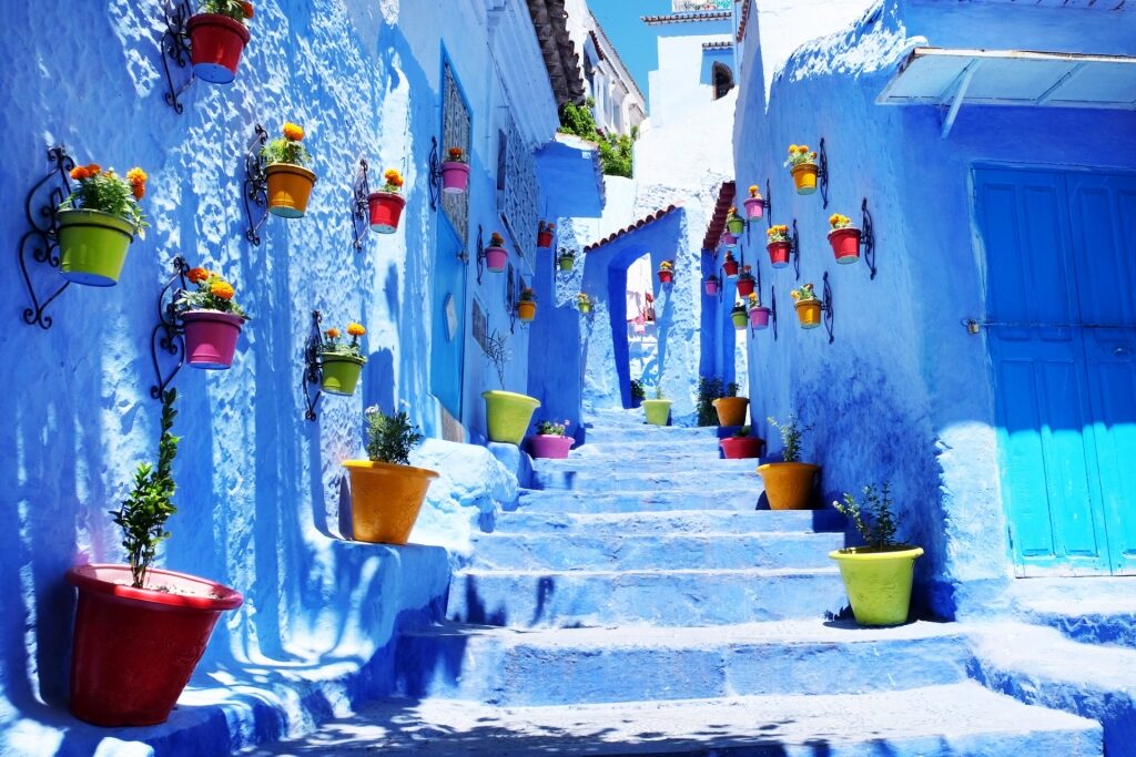 Street view of Chefchaouen in the Rif Mountains, Morocco