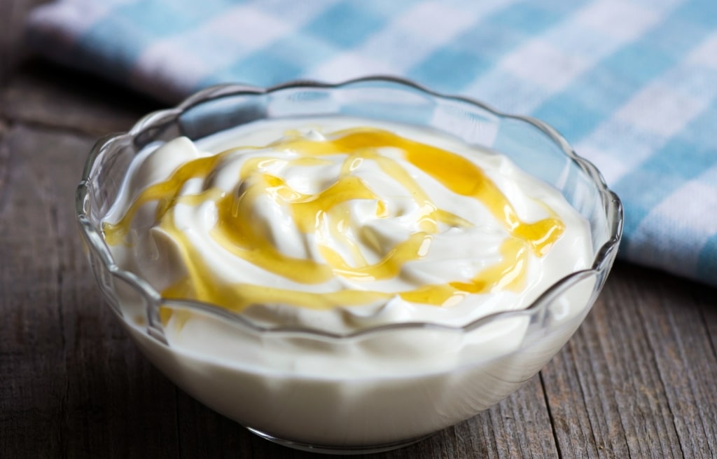 Greek yogurt with honey in a bowl