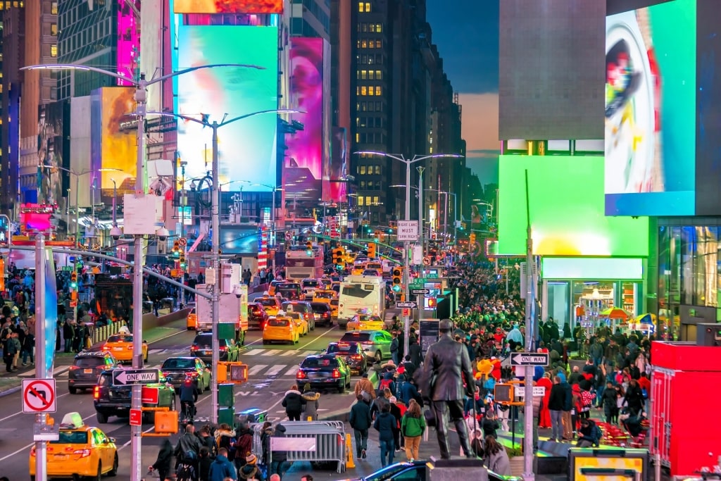 View of Times Square at night in New York City, NY