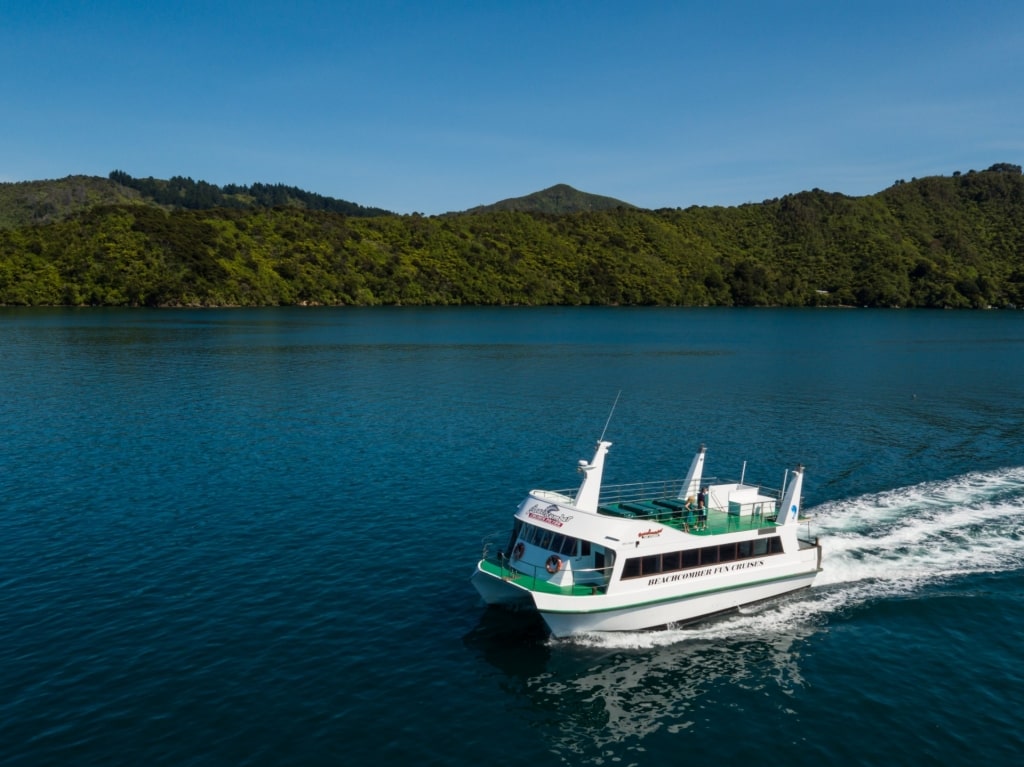 Boat cruising in Marlborough Sounds in Marlborough, South Island