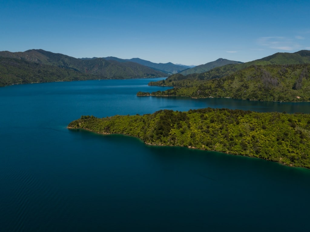 Aerial view of Marlborough Sounds in Marlborough, South Island