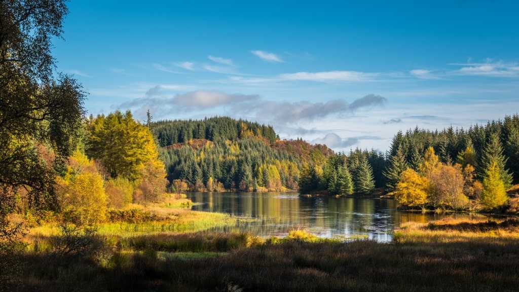 Beautiful view of Loch Drunkie in the Great Trossachs Forest, Scotland