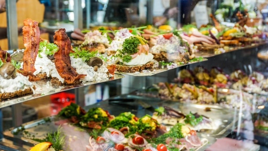 Smørrebrød at a market in Copenhagen