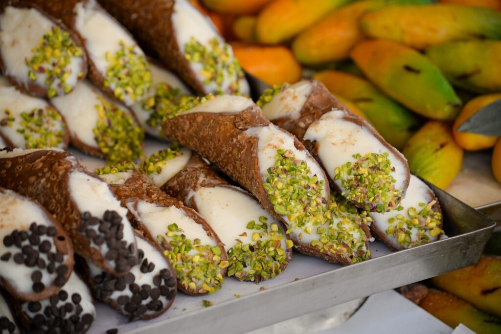 Cannolis at a market in SIcily