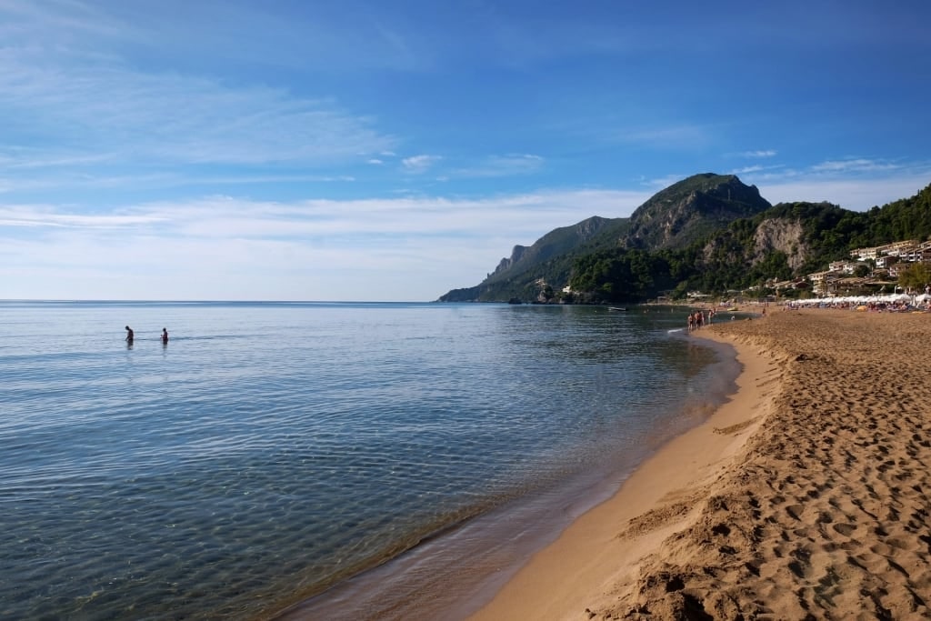 Brown sands of Glyfada Beach, Corfu