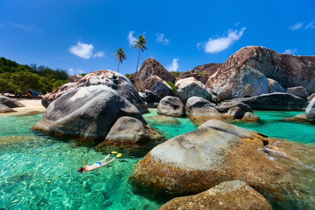 Woman snorkeling in The Baths at Virgin Gorda