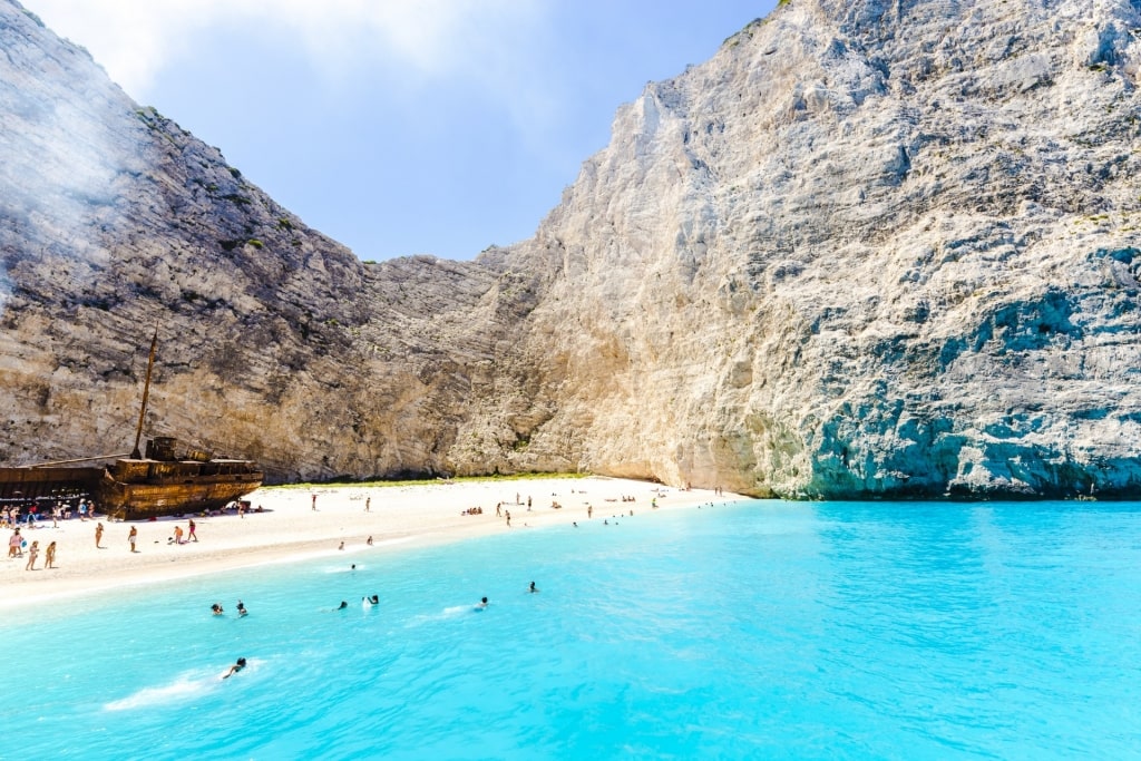 White sand beach of Shipwreck Beach in Zakynthos, Greece