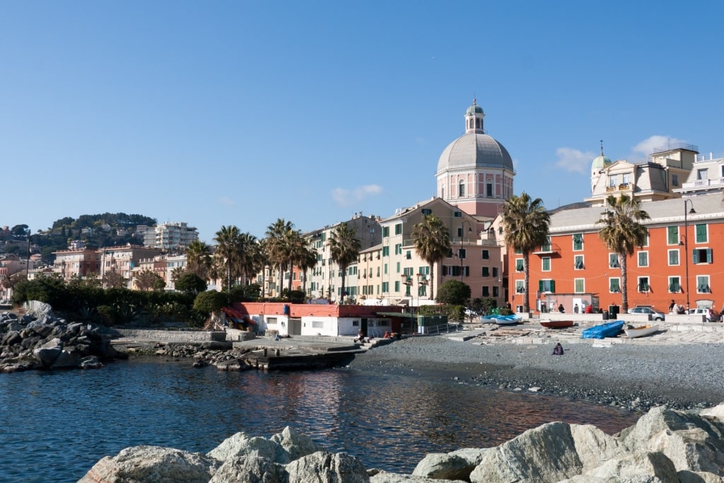 Pebbly shoreline of Spiaggia di Pegli, Pegli, Genoa