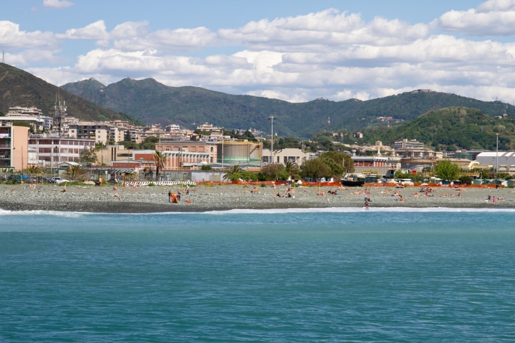 Black sand beach of Spiaggia Multedo, Multedo, Genoa