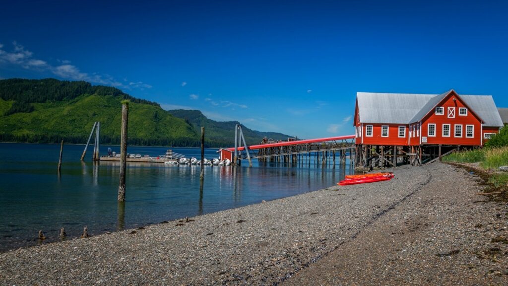 Red facade of Hoonah Cannery Museum, Icy Strait Point