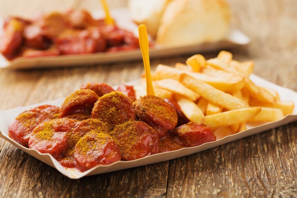 Plates of currywurst