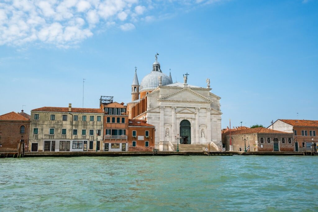 View while on a boat along Giudecca Canal in Venice, Italy