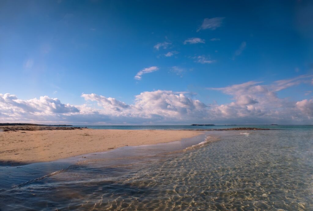 Brown sands of Honeymoon Harbor Beach in Bimini, Bahamas