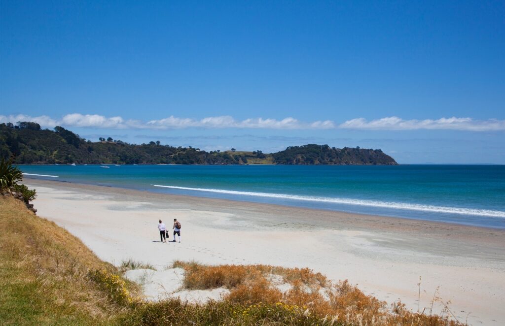 White sand beach of Onetangi Beach in Auckland, New Zealand