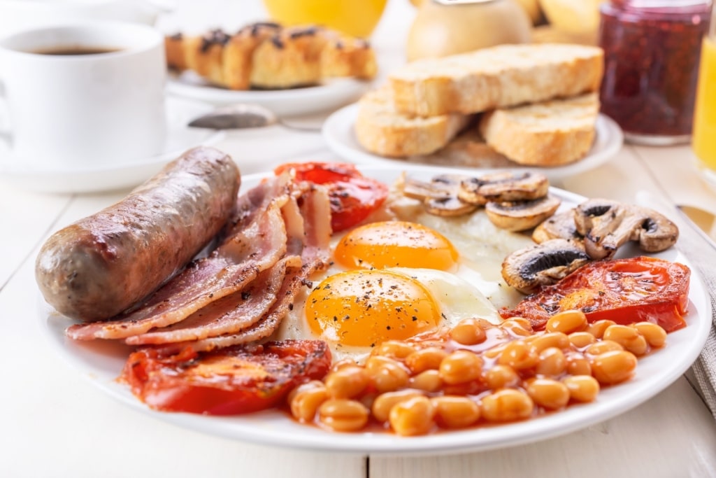 Plate of savory English breakfast