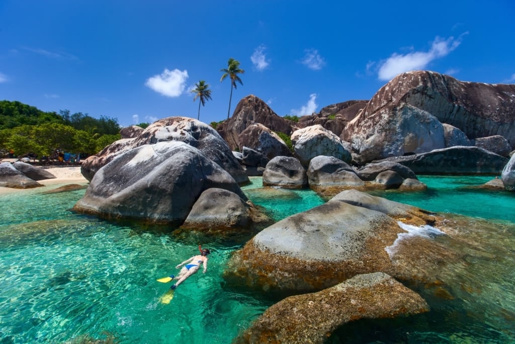 Person snorkeling in The Baths on Virgin Gorda, British Virgin Islands