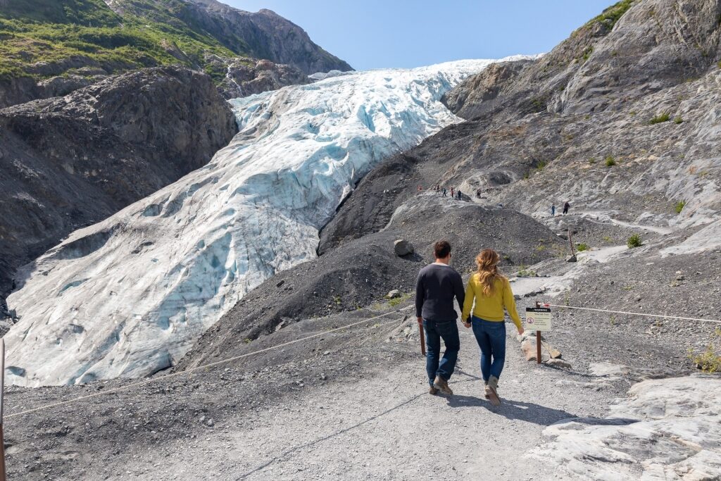 Couple trekking towards Exit Glacier, Seward