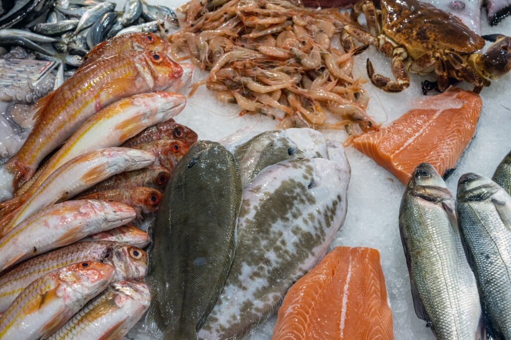 Seafood inside a market in Lisbon