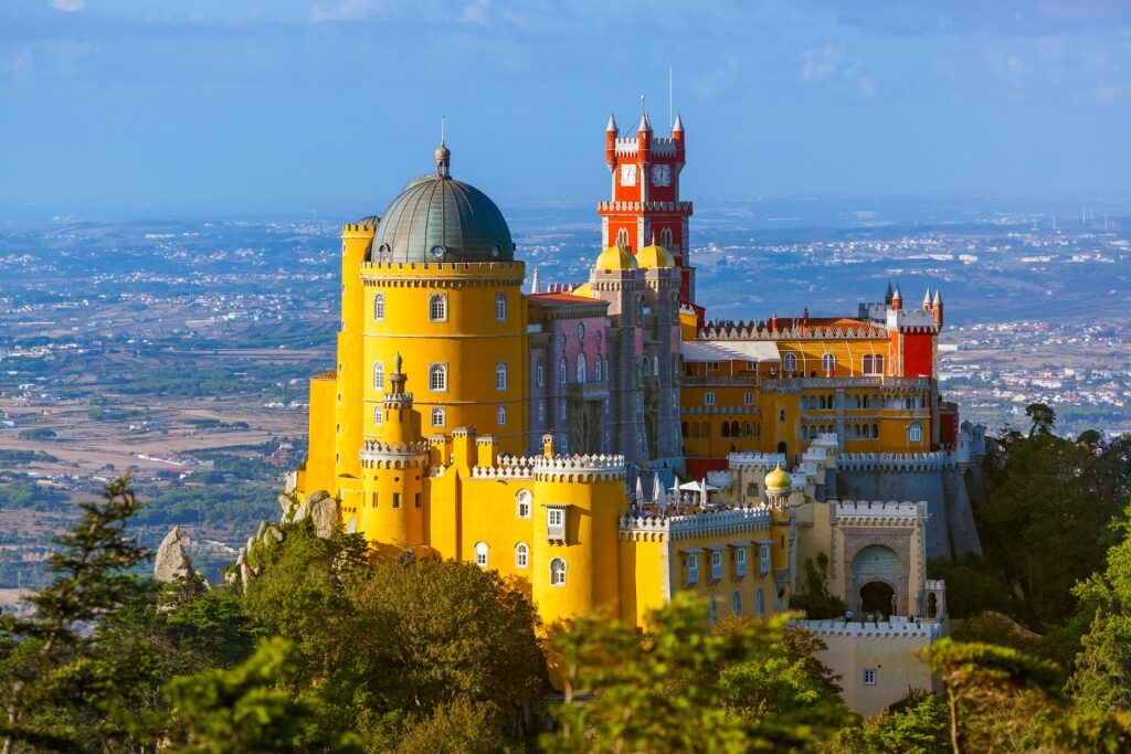 Yellow facade of National Palace of Pena in Sintra, Portugal