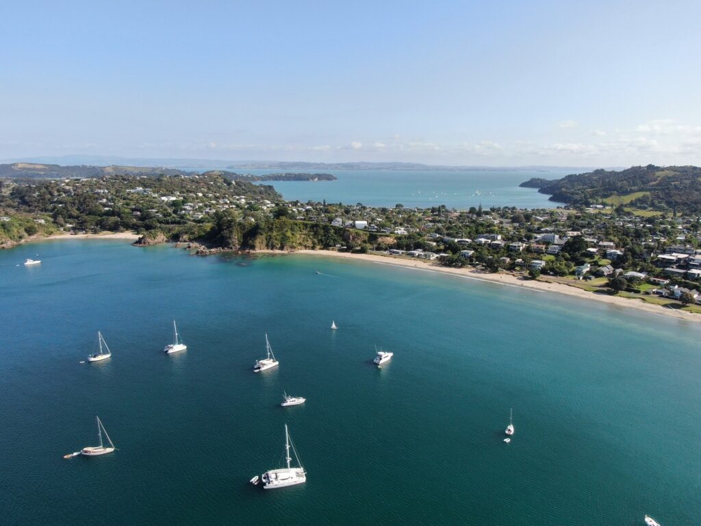 Aerial view of Oneroa Beach in Auckland, New Zealand