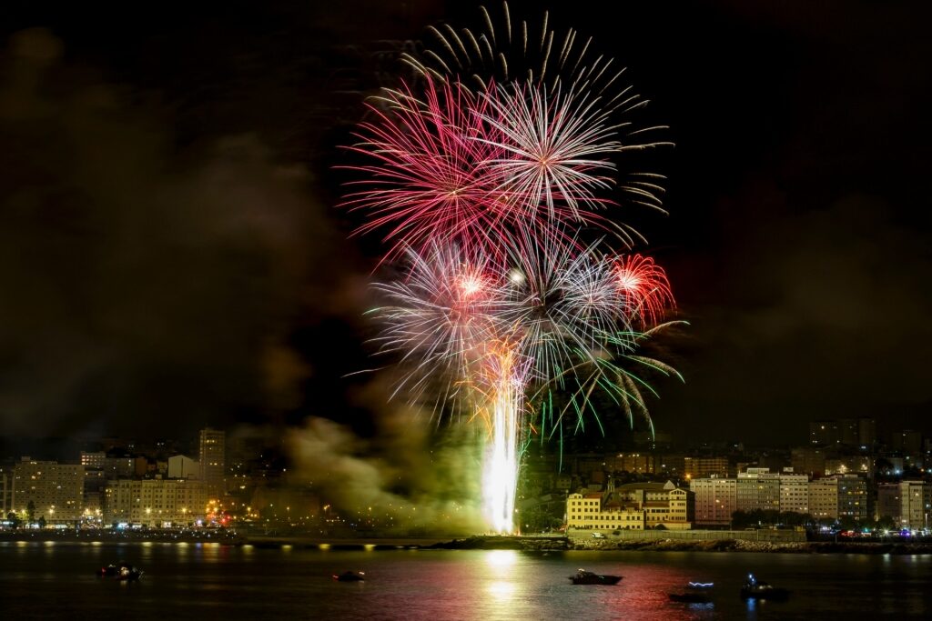 Fireworks during Festas de María Pita, La Coruña