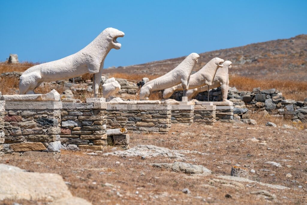 Historic site of the Terrace of the Lions in Delos, Greece