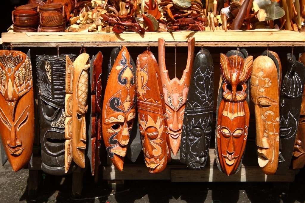 Wood carvings inside Straw Market, Nassau