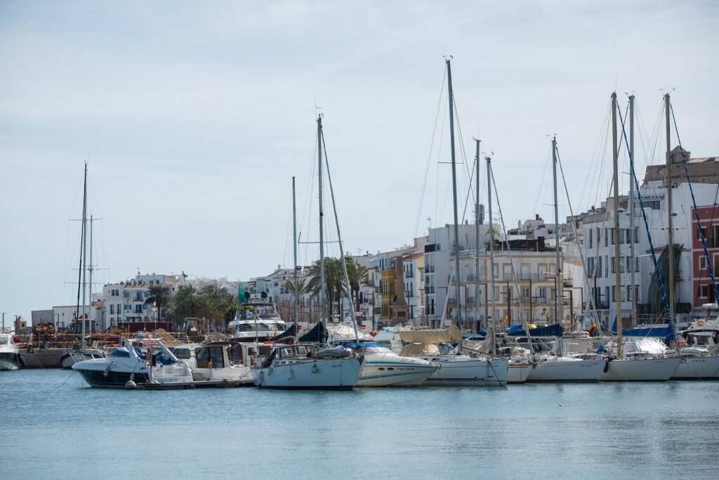 Yachts lined up along Ibiza Pier