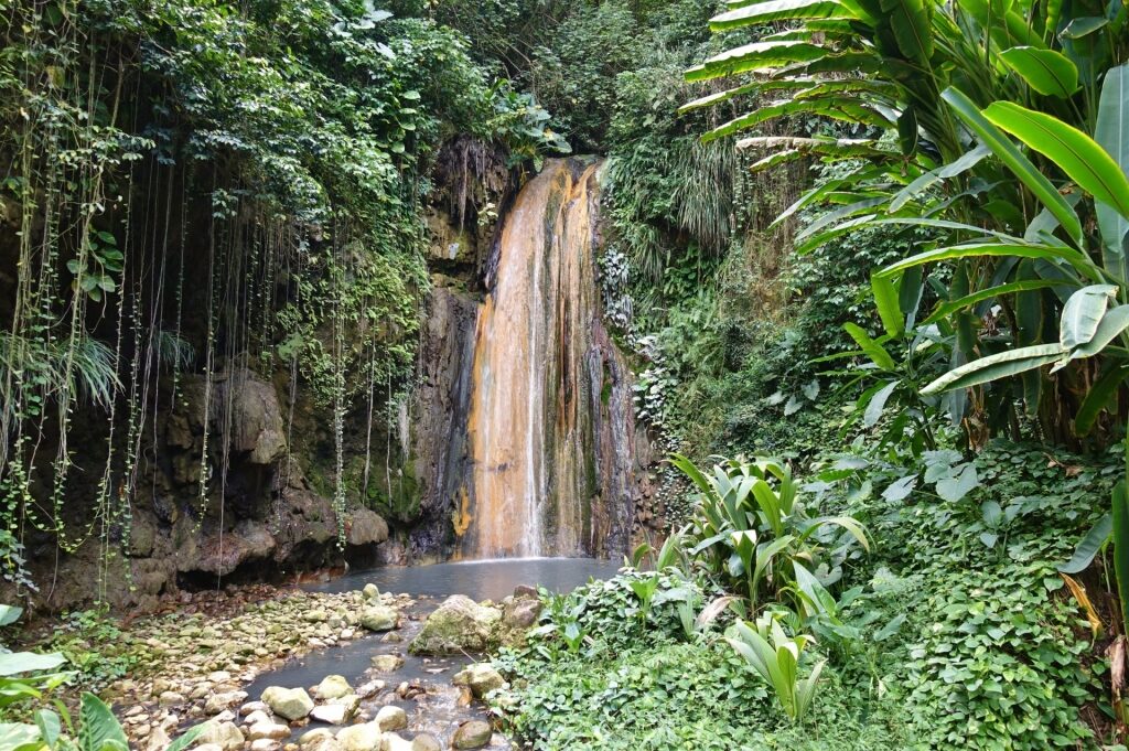 Lush landscape surrounding Diamond Falls, St. Lucia