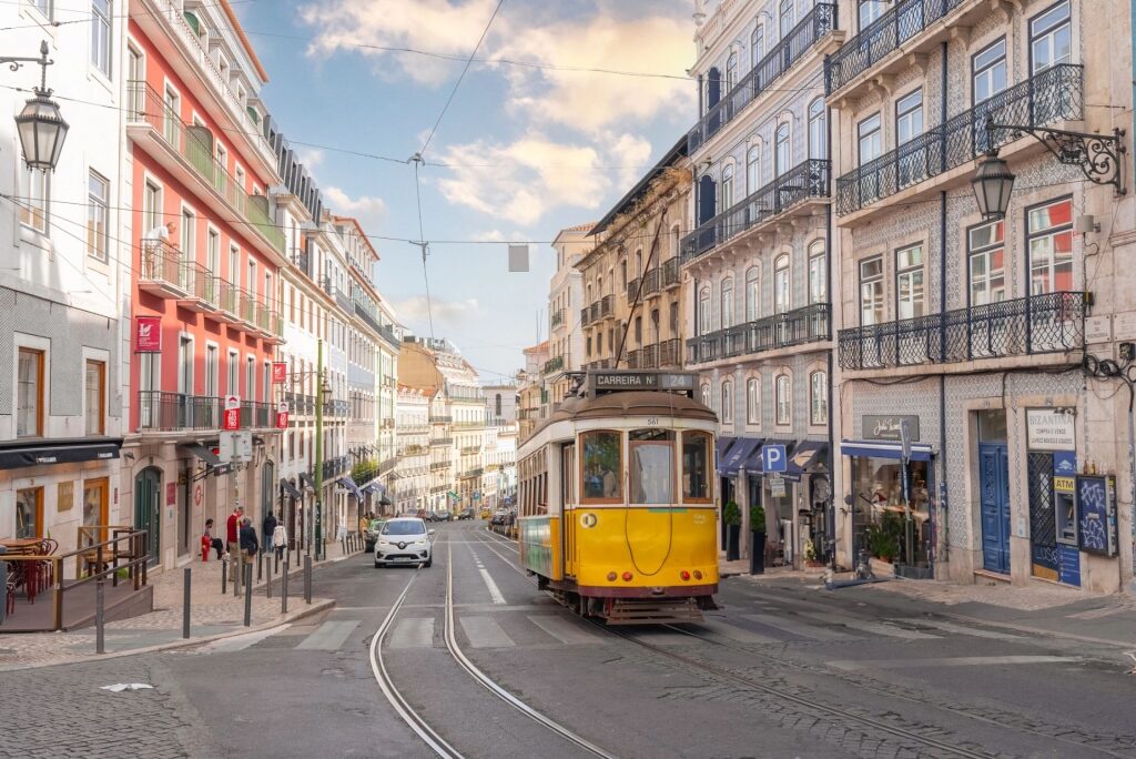 Iconic yellow tram in Lisbon, Portugal
