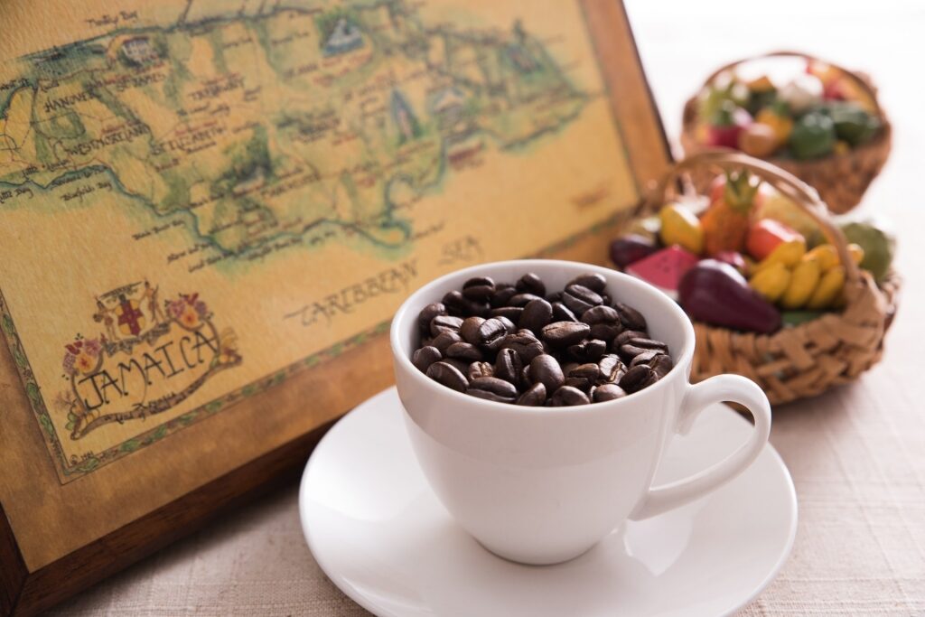Jamaican coffee beans in a cup