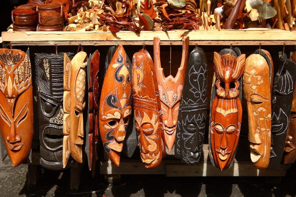 Wood carvings inside Straw Market, Nassau