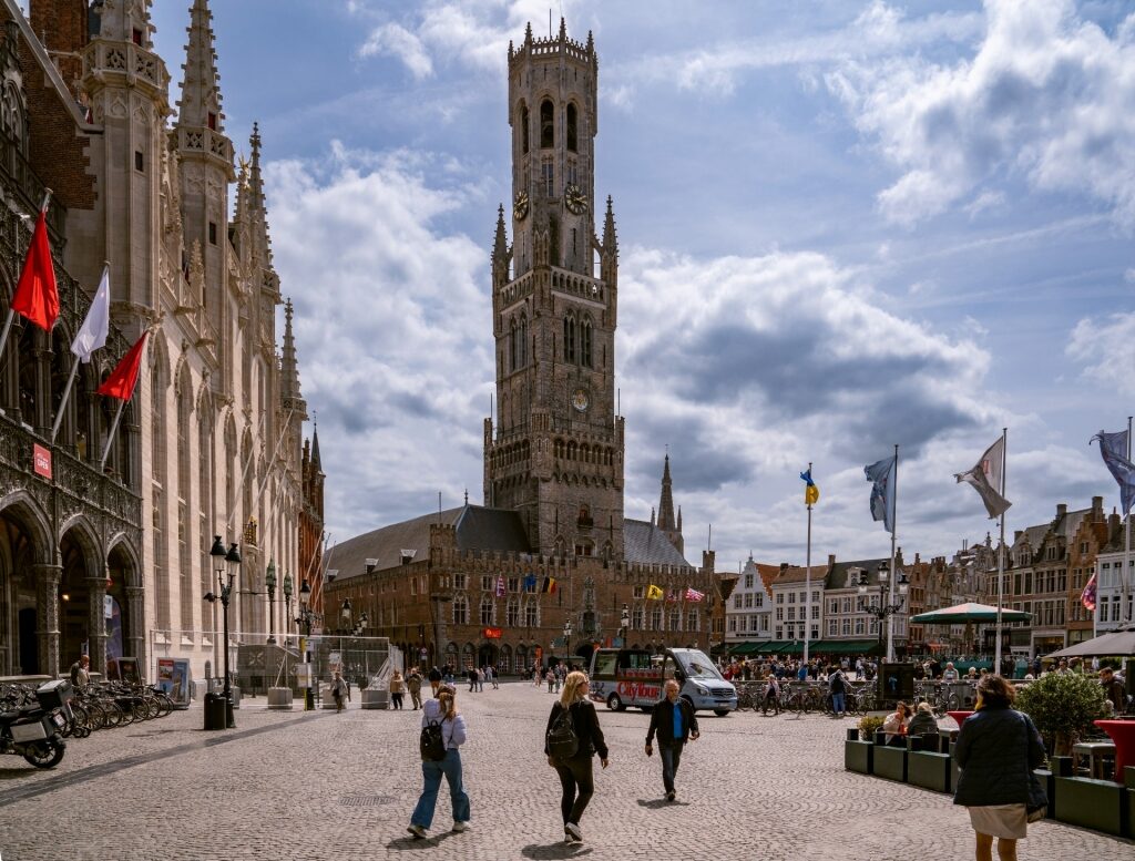 Street view of Bruges, Belgium with view of the Belfry tower