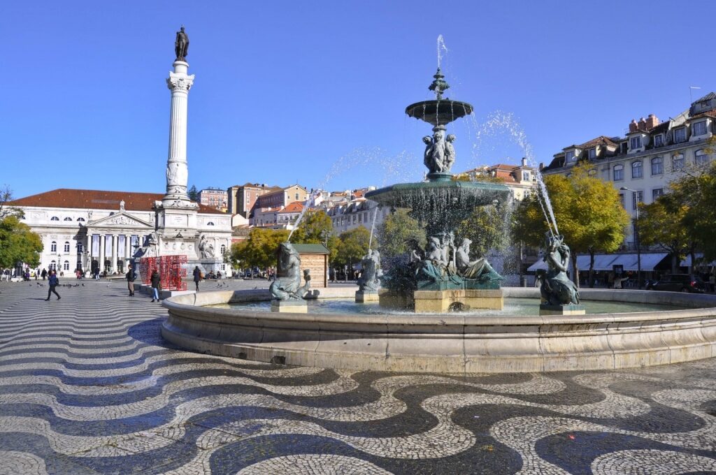 Iconic black and white tile in Rossio Square in Lisbon, Portugal