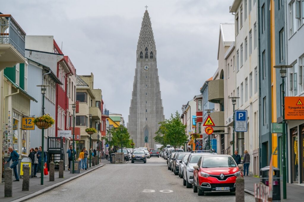 Street view of Hallgrimskirkja in Reykjavik, Iceland