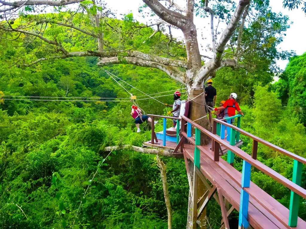 People preparing for a zipline adventure in Antigua Rainforest, Antigua