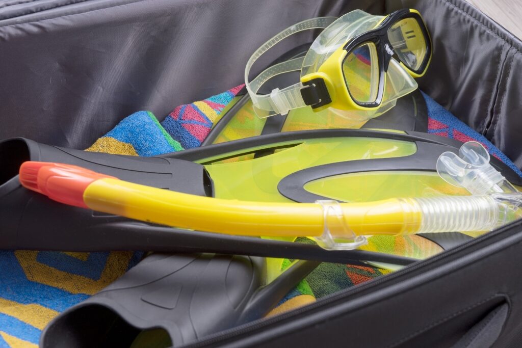 Snorkel mask in a luggage