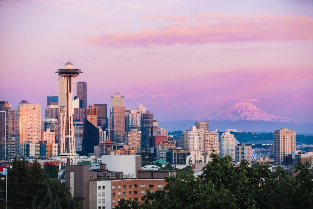 View of the Space Needle in Seattle, USA at sunset