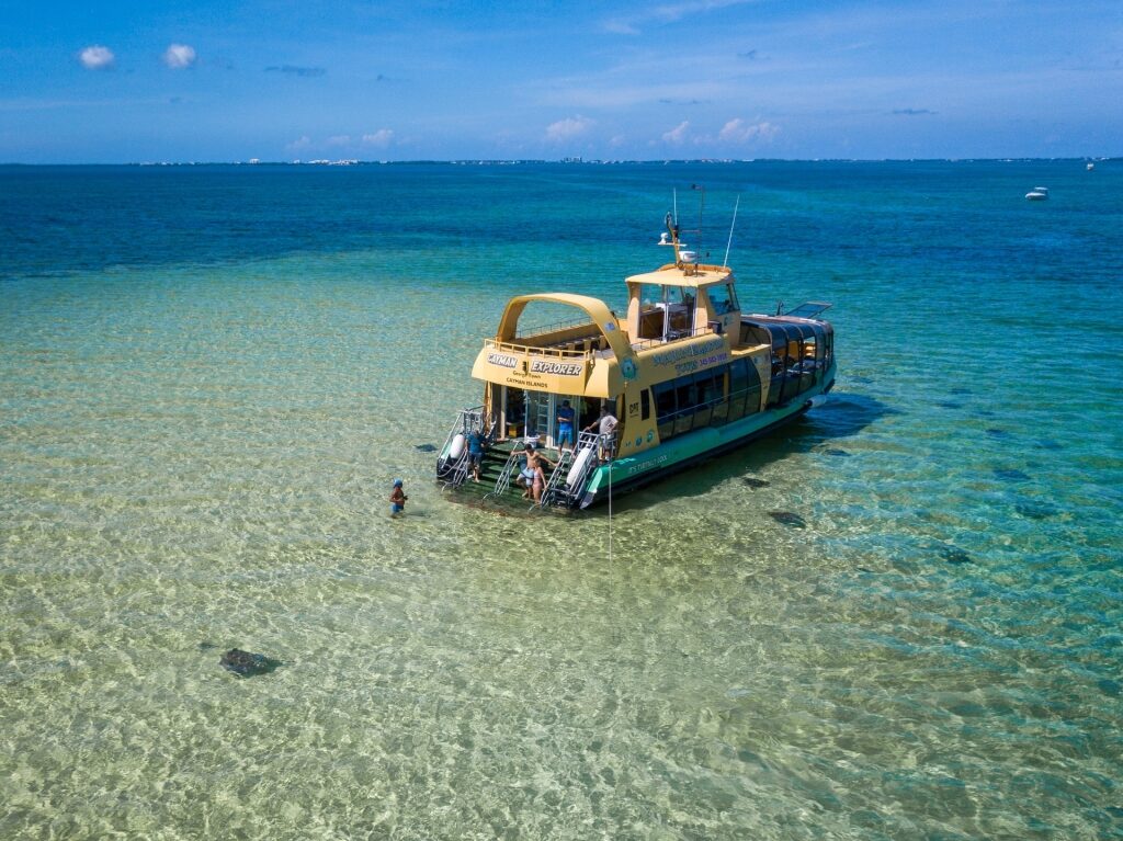 Aerial view of the boat tour in Stingray City, Cayman Islands