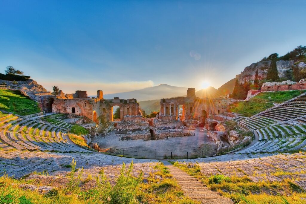 Historic site of the Greek Theater of Taormina in Sicily, Italy