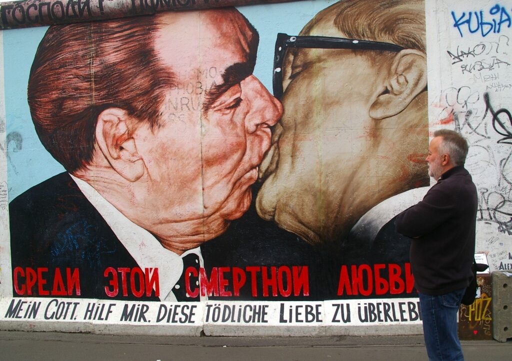 Iconic mural of The Fraternal Kiss in Berlin, Germany