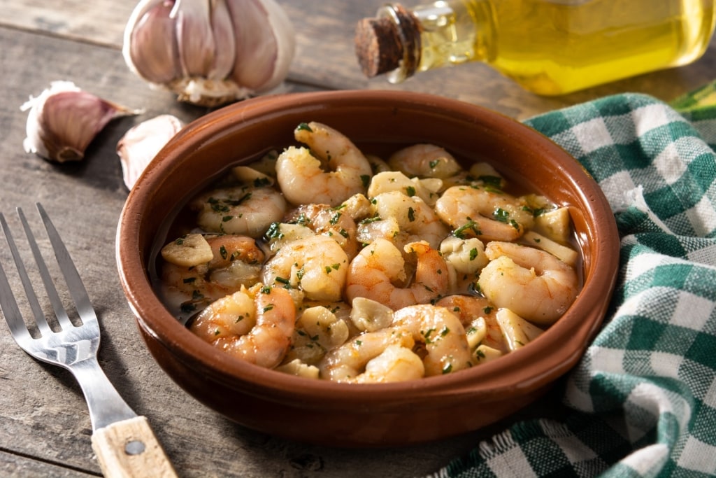 Gambas al ajillo in a bowl