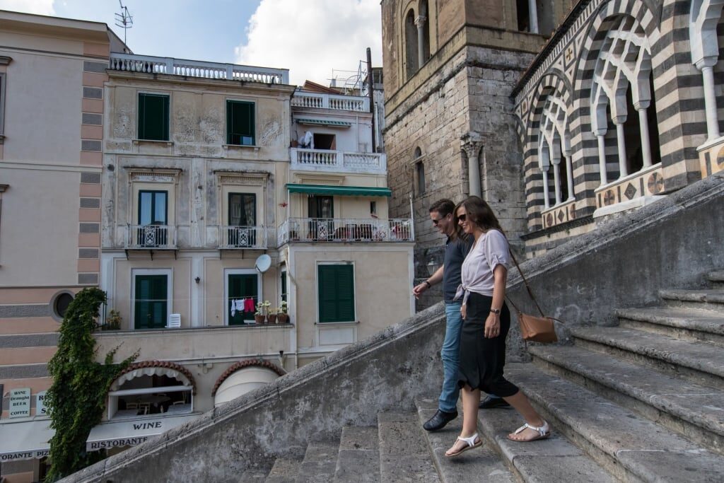 Couple visiting a church in Amalfi