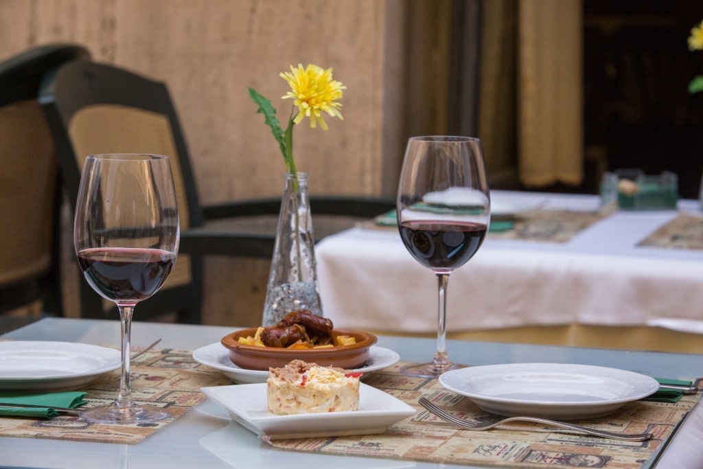 Wine and tapas at a restaurant in Malaga
