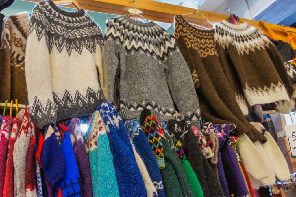 Lopapeysa sweaters inside a store in Iceland