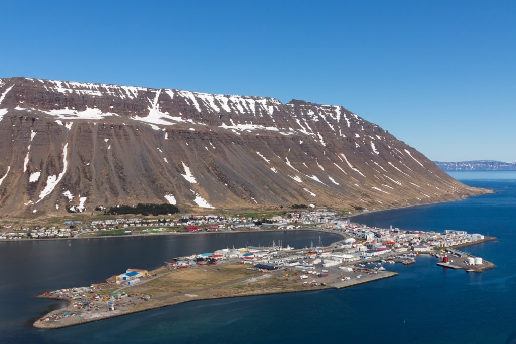 Scenic landscape of Isafjordur backed by mountains