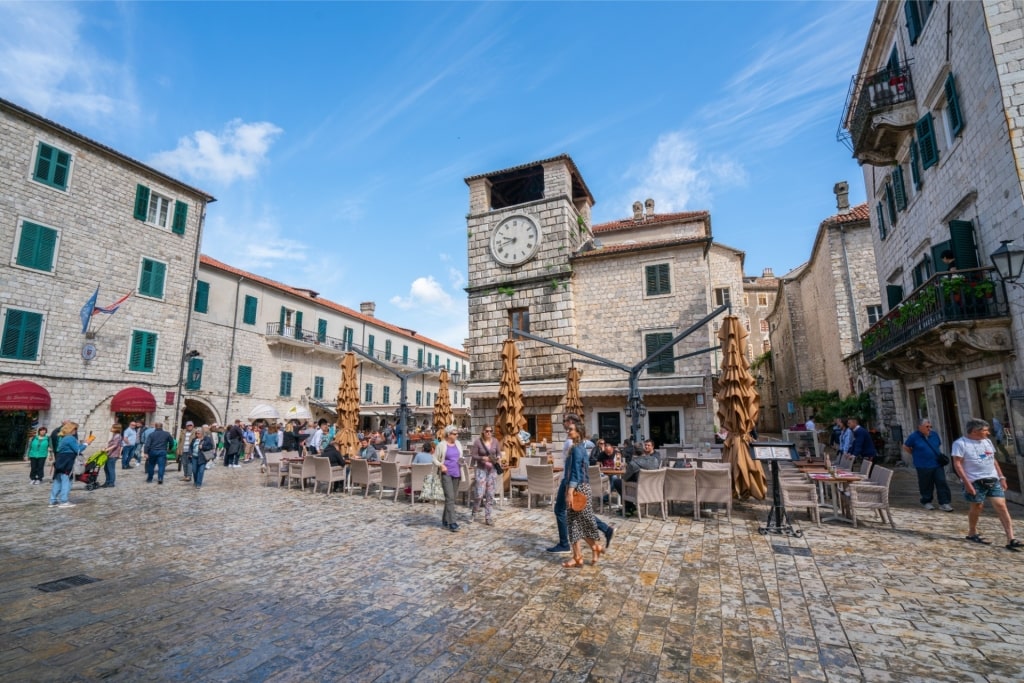 Street view of the Clock Tower in Old Town Kotor