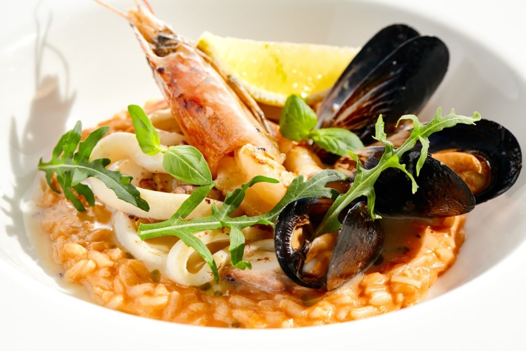 Plate of seafood risotto